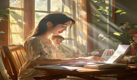 全职妈妈林晓在家庭书桌前整理孩子学习资料同时记录自己的职业成长日志，阳光透过窗帘洒落温暖画面